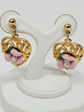 Vintage Pink Porcelain Rose Filigree Heart Dangle Earrings